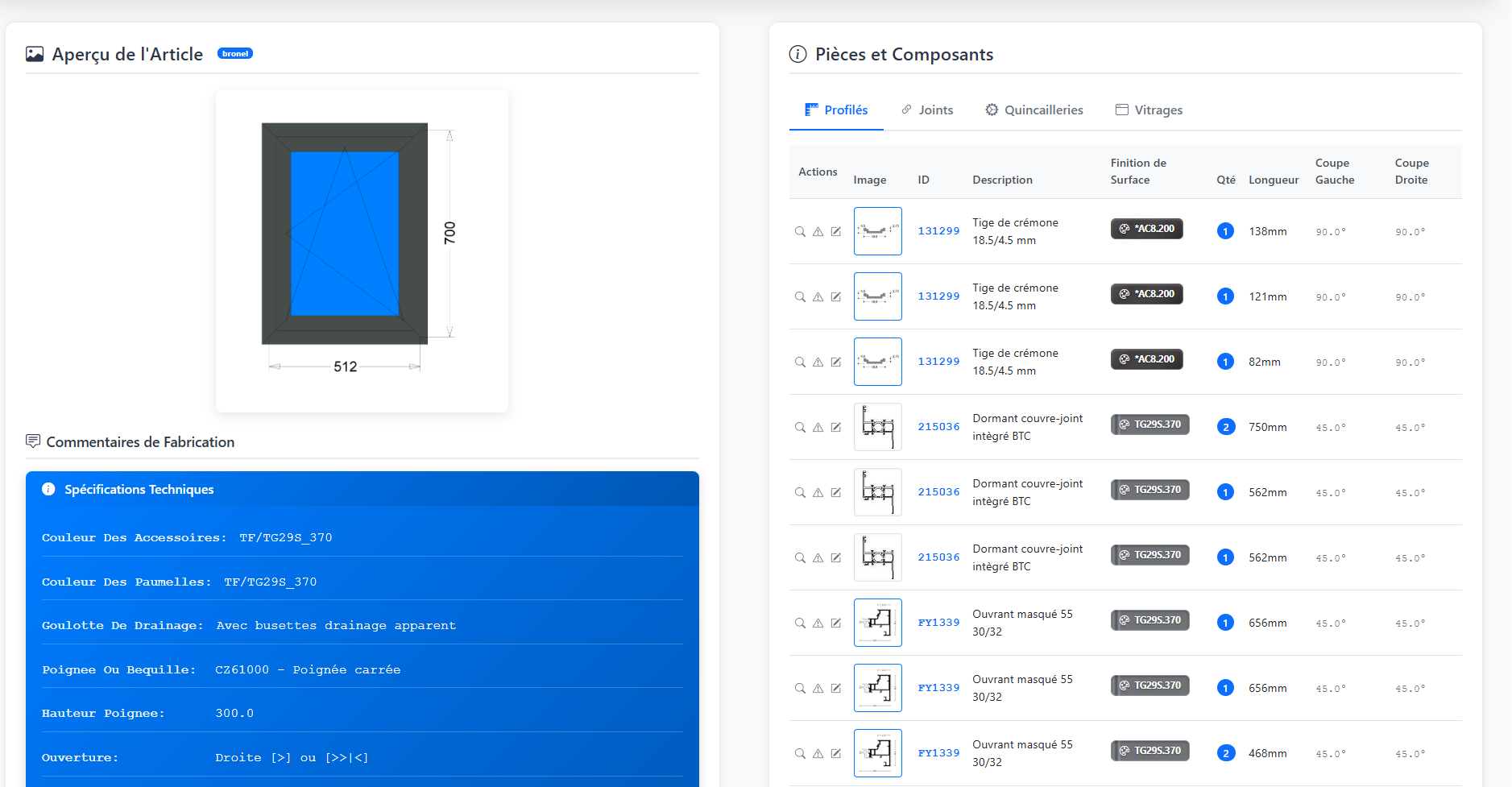 Capture d’écran — Fiche de fabrication d’un châssis